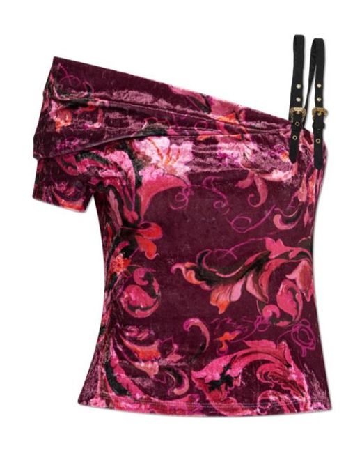 Versace Jeans Red Couture Barocco Printed Off-Shoulder Velvet Top