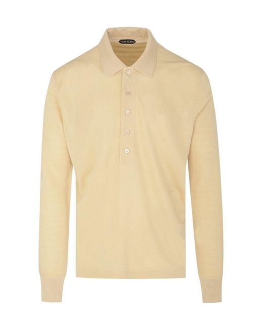 Tom Ford Natural Long Sleeved Button Detailed Polo Shirt for men