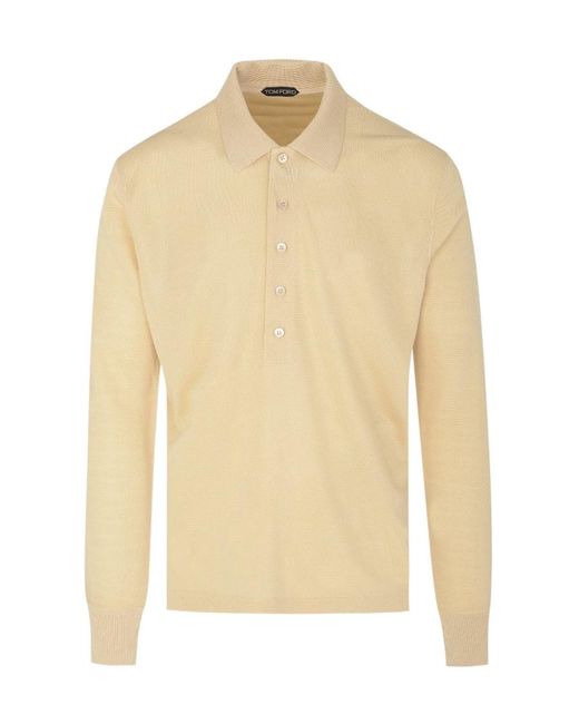 Tom Ford Natural Long Sleeved Button Detailed Polo Shirt for men