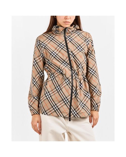 Burberry White Diagonal Check Hooded Mid-Length Coat