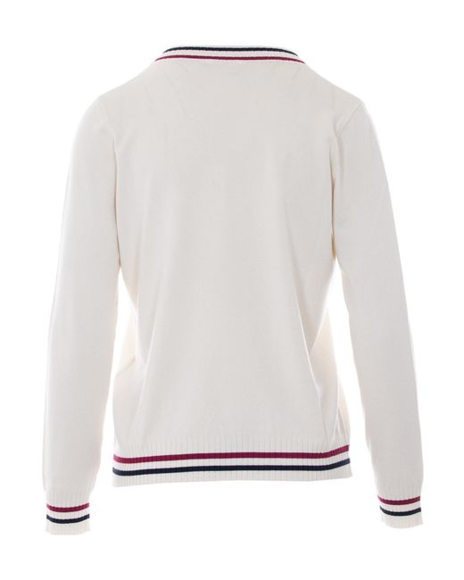 Liu Jo White Logo Embellished V-Neck Jumper