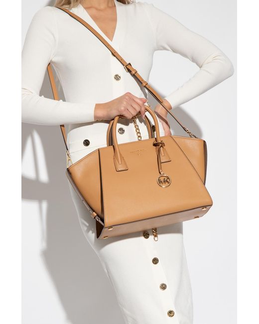 MICHAEL Michael Kors Brown Large Avril Logo-Lettering Leather Tote Bag