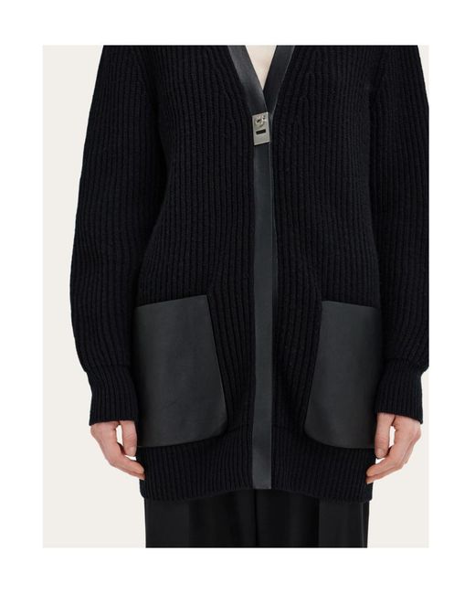 Ferragamo Blue Ferragamo Leather Trim Cardigan