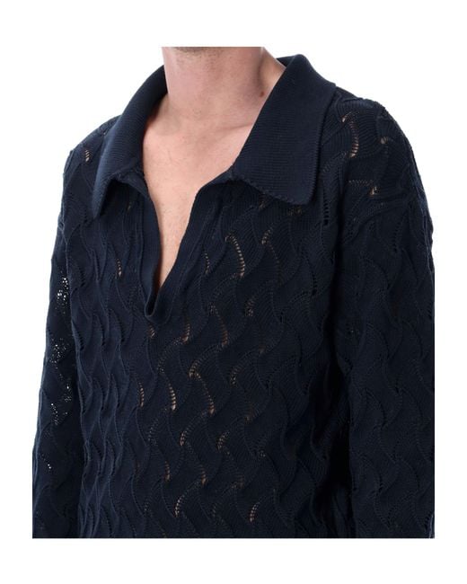 Dries Van Noten Blue Lace Stitch Polo Shirt for men