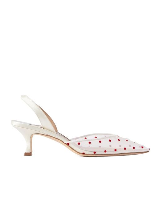 Manolo Blahnik White Carolyne 50 Polka-Dot Flocked Mesh And Satin Slingback Pumps