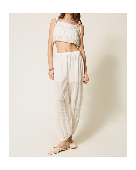 Twinset White Lace Tie-Shoulder Cropped Top