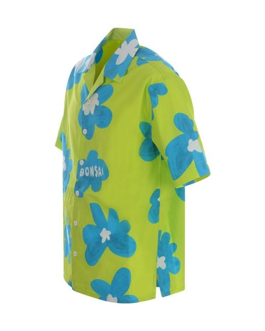 Bonsai Blue Floral Print Lime Bowling Shirt for men