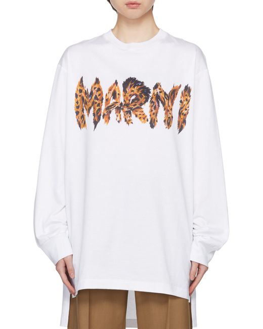 Marni White Feline Print Logo Bio Jersey Long T-Shirt