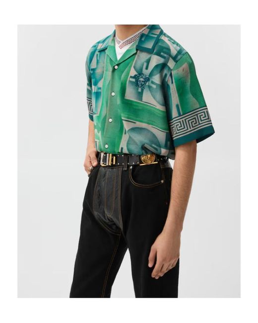 Versace Green Greca-Print Medusa-Head Shirt for men