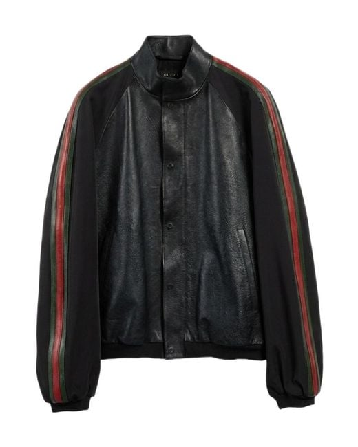Gucci Black Leather Bomber Jacket With Web for men