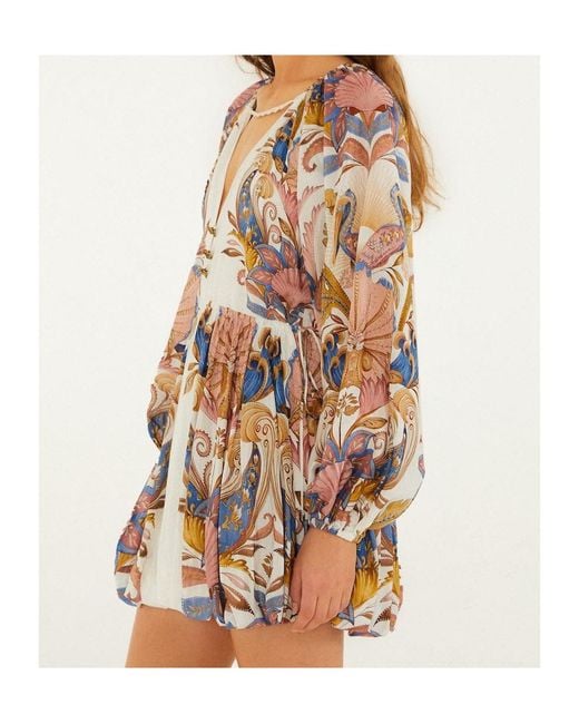 Farm Rio White Sea Garden Floral-Printed Long-Sleeved Mini Dress