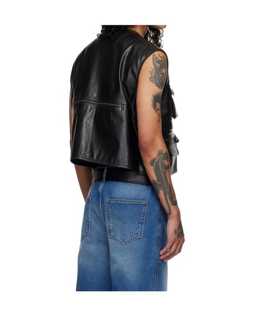 Lu'u Dan Black V-Neck Faux Leather Work Vest for men