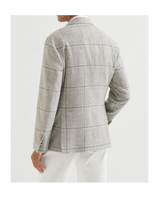 Brunello Cucinelli Gray Silk, Wool And Cashmere Prince-Of-Wales Flannel Deconstructed Cavallo Blazer With Metal Buttons for men