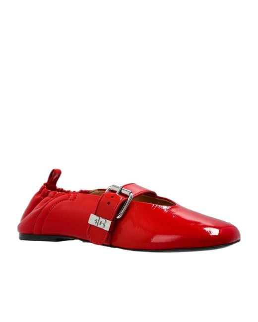 Ganni Red Buckled Ballet Flats