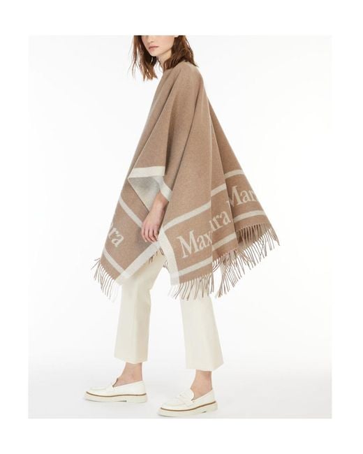 Max Mara Natural Logo Detailed Fringed Knitted Cape