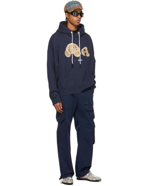 Palm Angels Blue Spray Bear-Motif Hoodie for men
