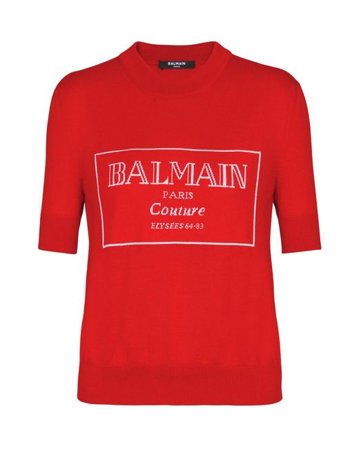 Balmain Red Logo Detailed Knitted Top