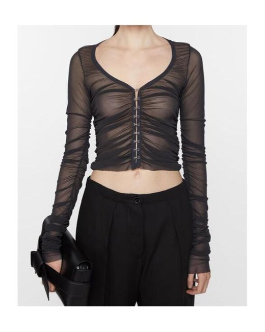 Acne Black V-Neck Semi-Sheer Ruched Blouse