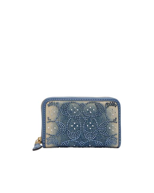 COACH Blue Embellished Denim And Leather Wallet
