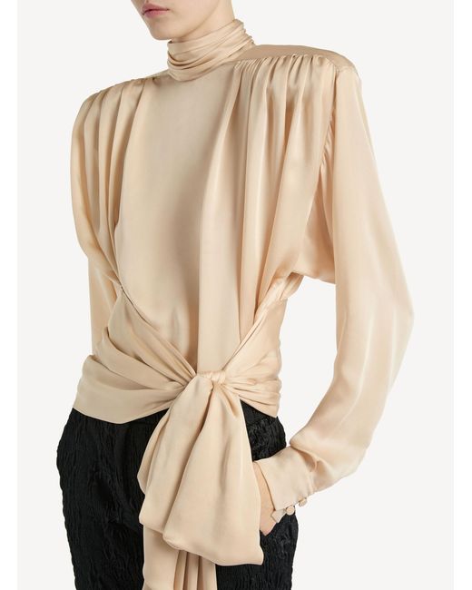 Balmain Natural Silk Charmeuse Blouse With Padded Shoulders And Tie
