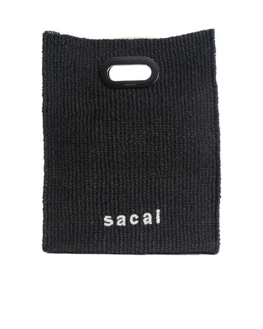 Sacai Black Logo Embroidered Woven Tote Bag for men