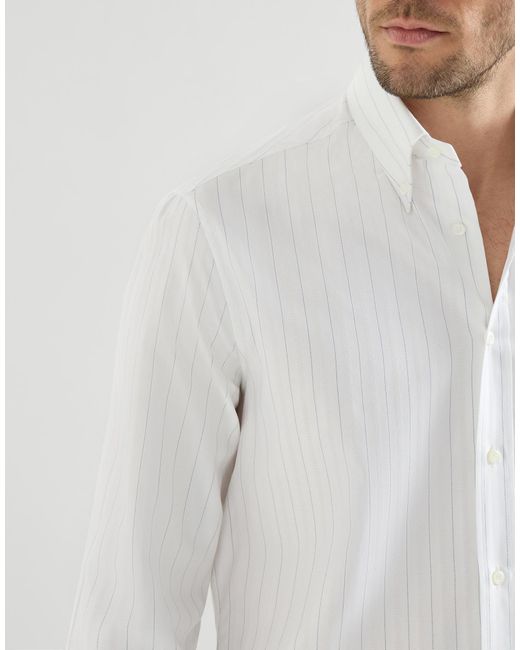 Brunello Cucinelli White Cotton Textured Striped Chevron Shirt With Button-Down Collar for men