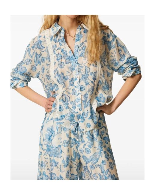 Twinset Blue Floral-Pattern Laced Shirt