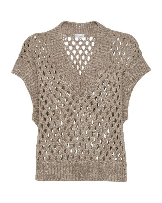 Brunello Cucinelli Gray Open-Knit Sleeveless Top