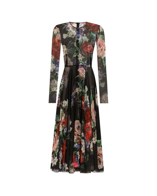 Dolce & Gabbana Black Floral Printed Chiffon Calf-Length Dress