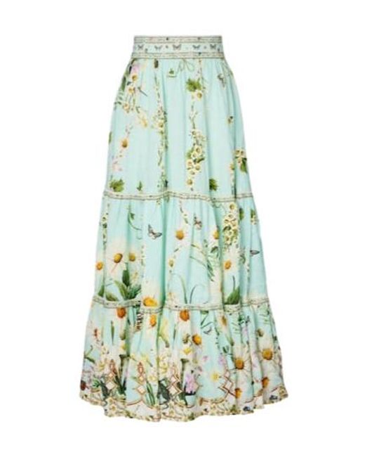 Camilla Green Floral Tiered Linen Maxi Skirt