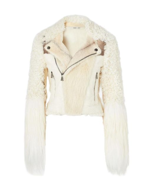 Fendi White Blouson Ivory Patchwork Shearling Biker Jacket