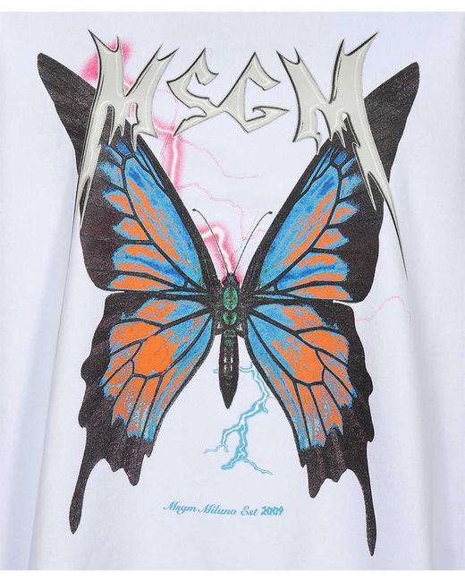 MSGM White Butterfly Printed Drawstring Hoodie