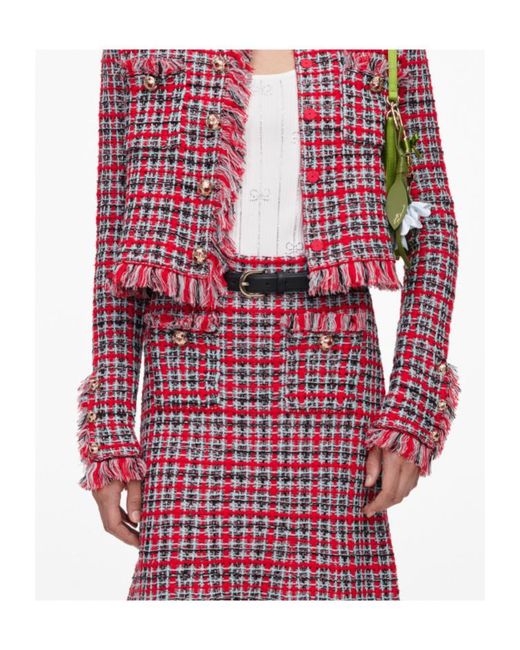 Self-Portrait Red Check Frayed Knit Midi Skirt