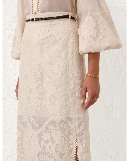 Zimmermann Natural Ottie Floral-Embroidered Midi Skirt