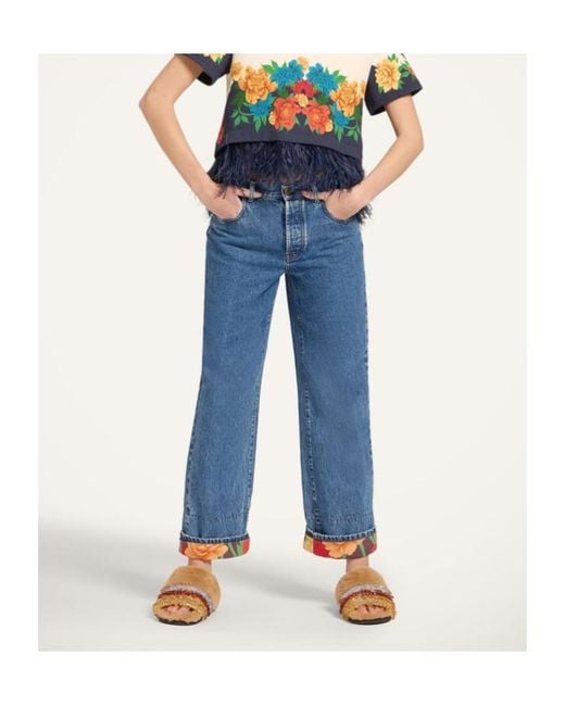 LaDoubleJ Blue Floral Cuff Embroidered Jeans