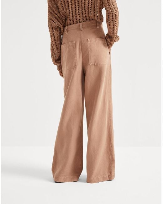 Brunello Cucinelli Natural Pleated Wide-Leg Trousers