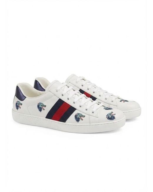 Gucci White Ace Wolf Printed Skate Shoes for men