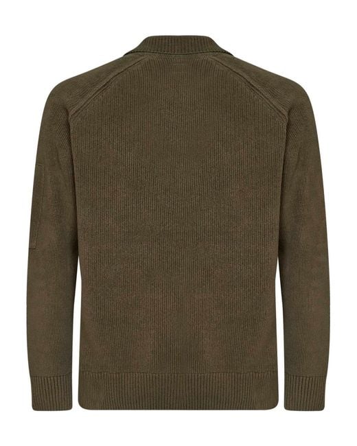 C P Company Green Long-Sleeved Knitted Polo Shirt for men