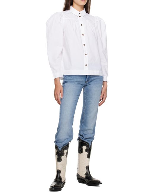 Ganni Blue Puff-Sleeved Poplin Shirt