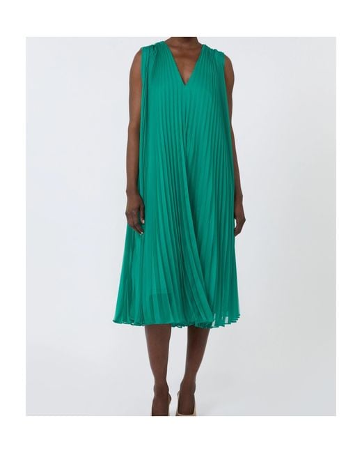 Max Mara Green Pleated Belted Dress