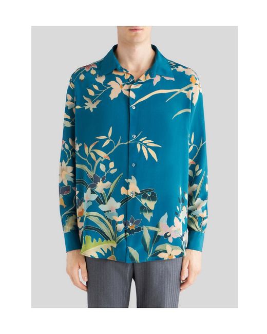 Etro Blue Floral Print Collared Button-Up Shirt for men