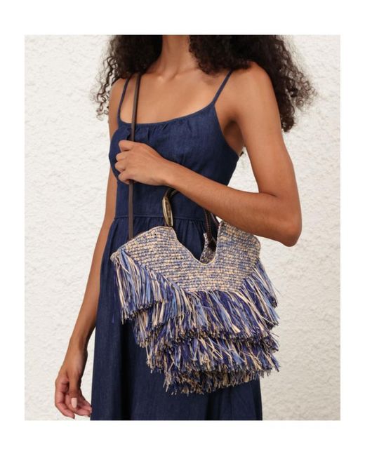 Zimmermann Blue Fringe-Trimmed Woven Tote Bag
