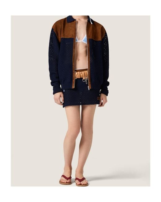 Miu Miu Blue Cotton Crochet And Suede Miniskirt
