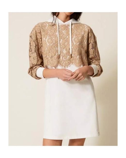 Twinset White Lace-Detail Hooded Dress