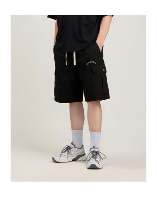 Palm Angels Black Curved Logo Loose Cargo Shorts for men