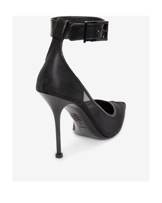 McQueen Black Mesh-Panelled Ankle Buckled Pumps