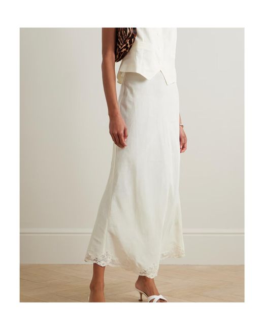 Rixo White Crystal Lace-Trimmed Linen-Blend Midi Skirt