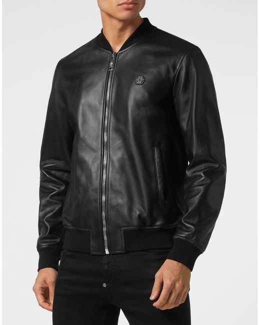 Philipp Plein Black Billy Logo Patch Bomber Jacket for men