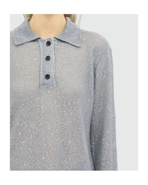 MSGM Gray Long Sleeved Sequin Embellished Knit Polo Top