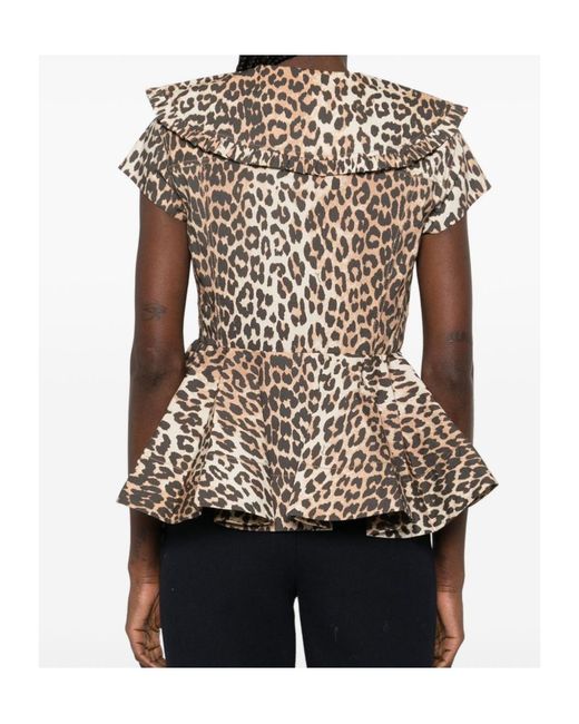 Ganni Multicolor Ruffled Leopard-Print Buttoned Top